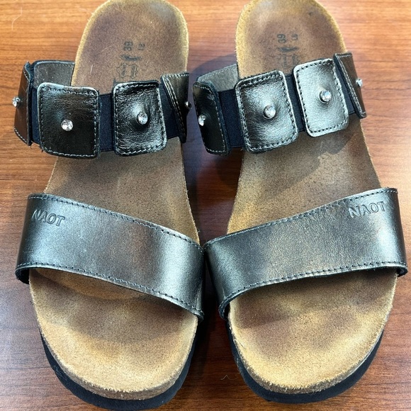 NAOT Leather Metallic Bronze Strappy Sandals Cork Made is Israel Sz 8 Rhinestone - Picture 4 of 14